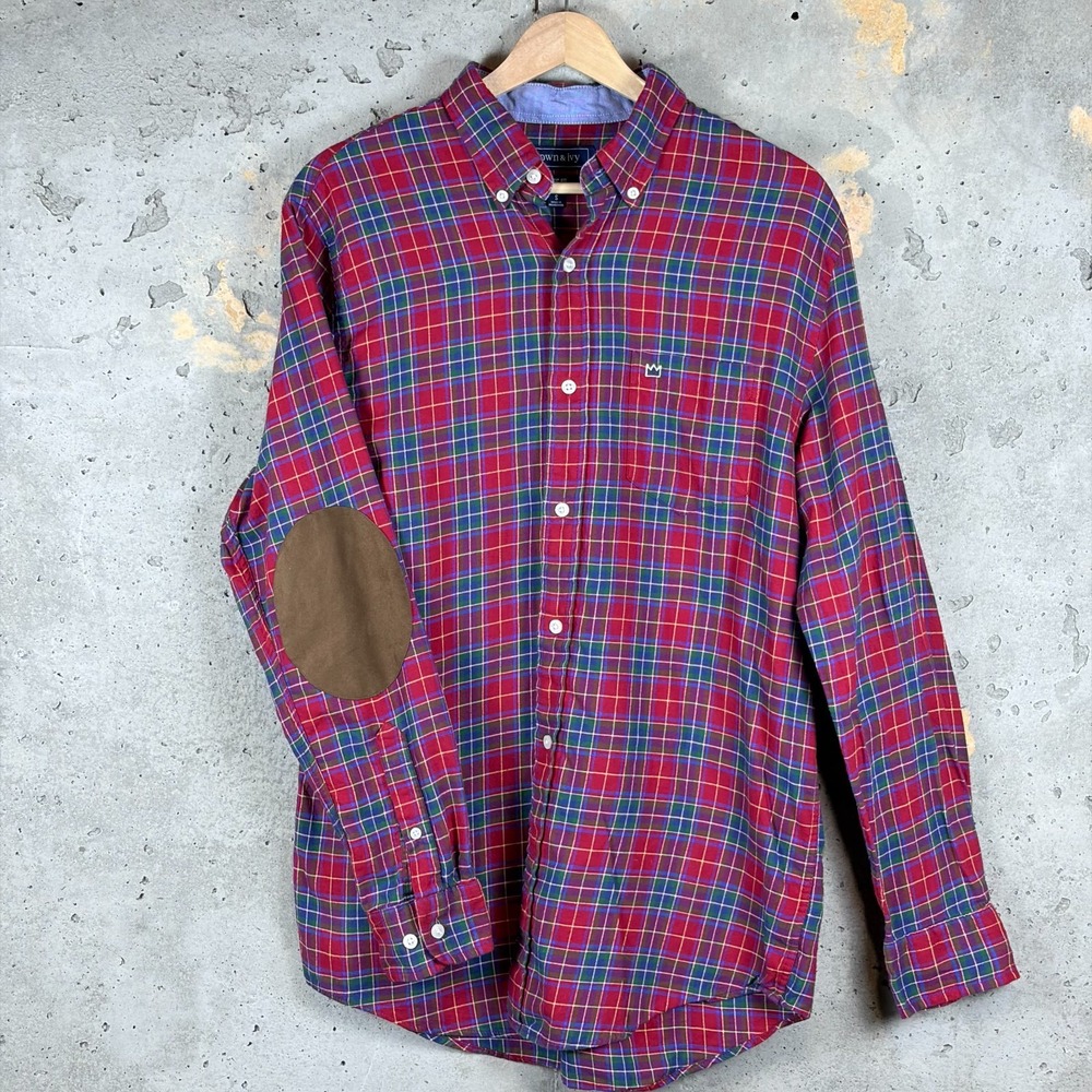 Crown & Ivy Flannel Shirt Mens Small Red Plaid Elbow Patch Classic Fit Button Up
